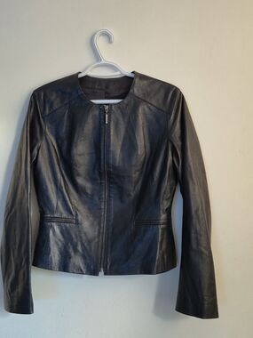 Autograph Marks & Spencer Black Genuine Leather Jacket UK 12 Collarless